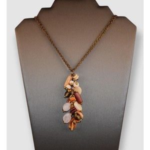 Fashion Brass Tone Multi-Strand Pendant necklace Rose Quartz Poured Glass Beads